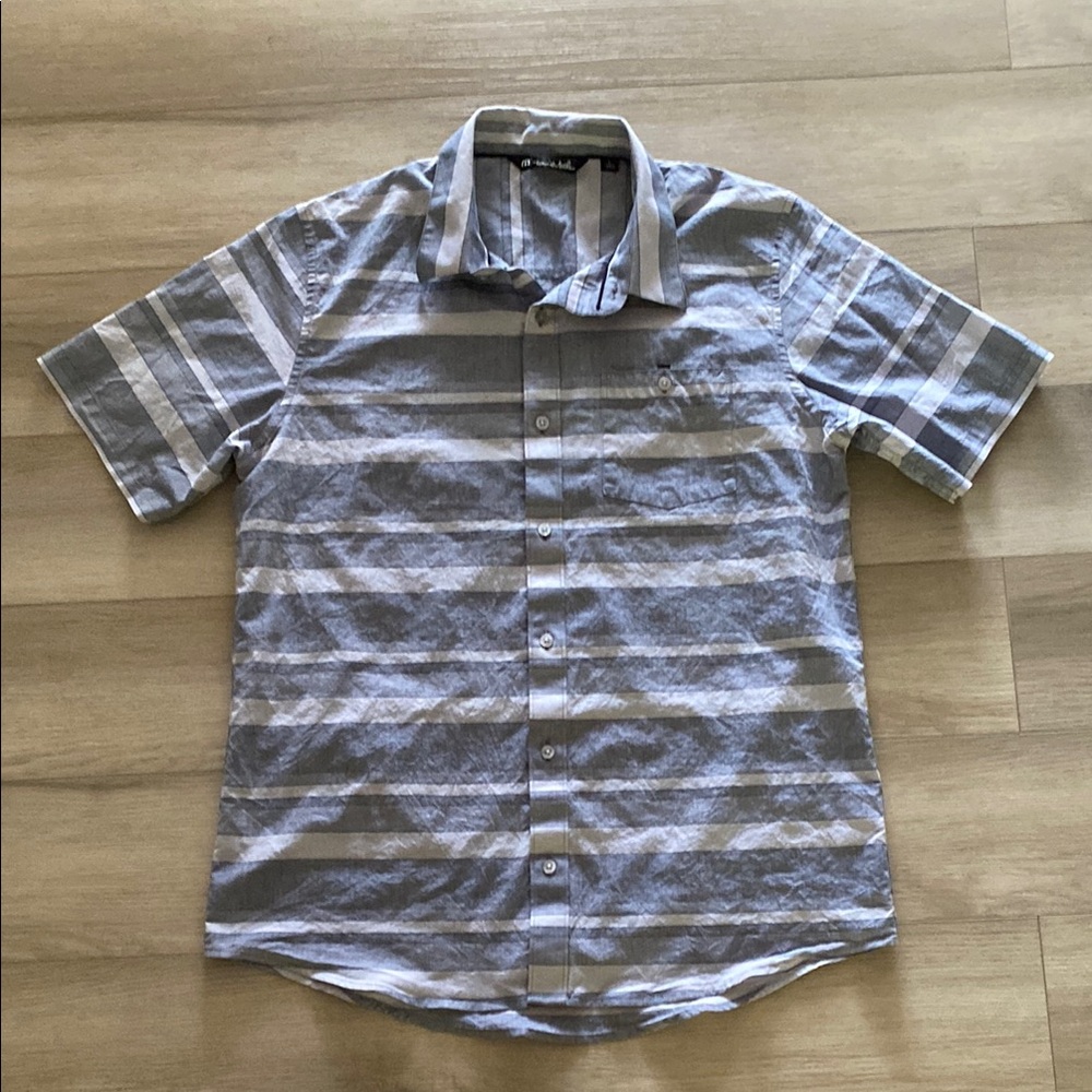 Travis Mathew Gray Stripped Casual Button Down Short Sleeve Shirt Size Large